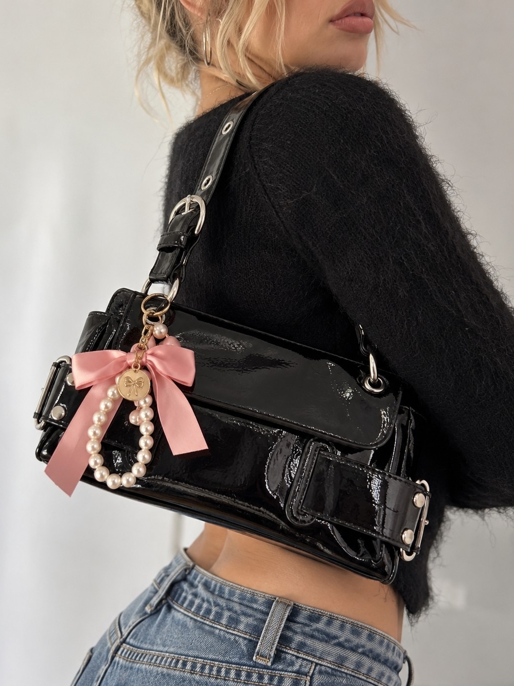 Naturalizer Black Patent Baguette Shoulder Bag Y2K + Charm